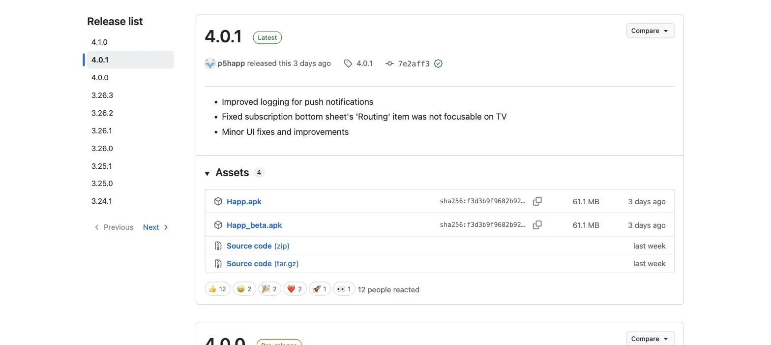 Страница Releases репозитория Happ на GitHub со списком APK-файлов и SHA-256